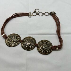 Vtg Medallion Belt Gold Metal Textured Circles tan brown Accents Black Cordi…